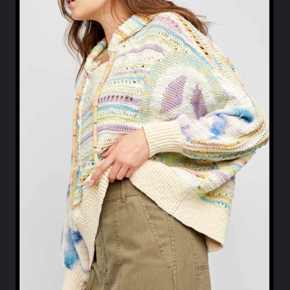 Free People Flower Child Multi Color Peace Sign Hoodie Oversized Sweater Large - Picture 6 of 11